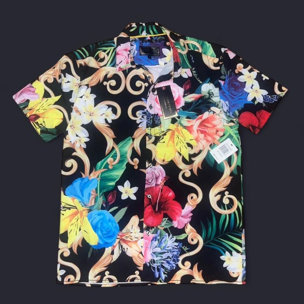 Baroque Gold Men's Versace Style Tropical Floral Stretch Button Up Shirt SZ M